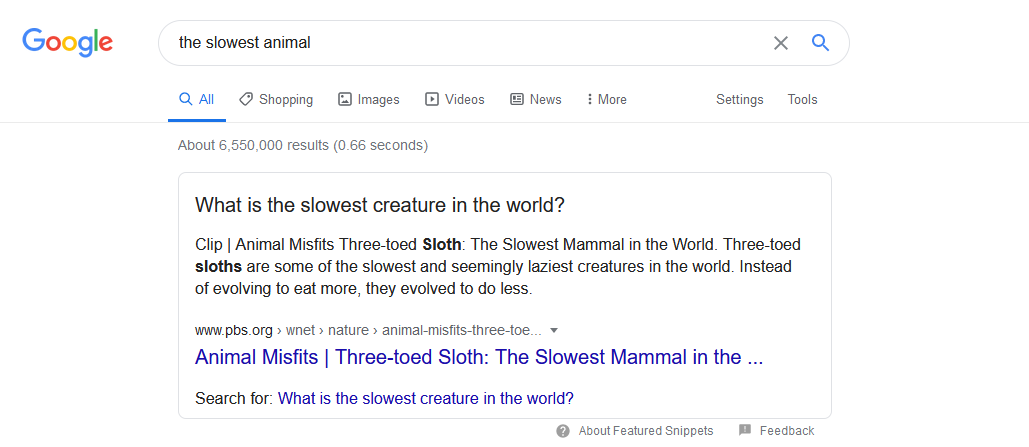 Google search for slowest animal